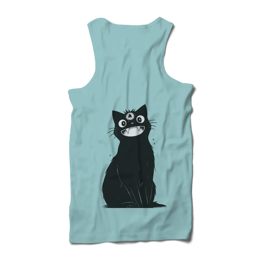 T-Shirt Printing: Quirky Black Cat - Funny & Playful Design| Sharp teeth on a black cat