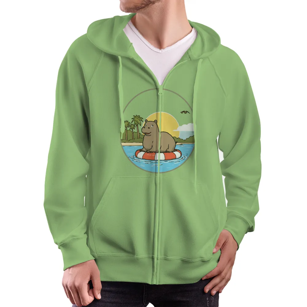 Custom Tee Shirts: Sunny the Capybara Floating in Bliss|tropical vacation men's shirts