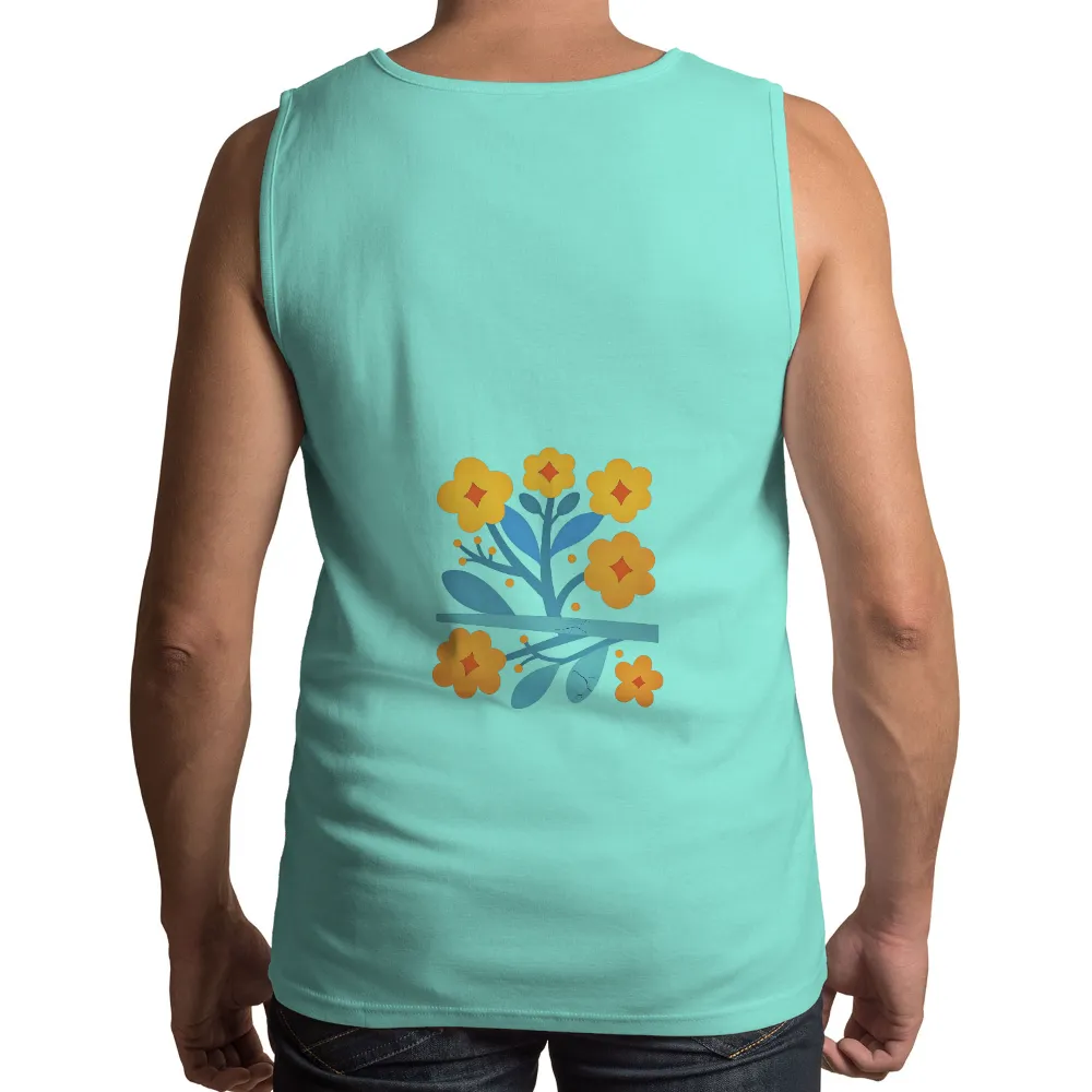 T-Shirts Custom: Vibrant Orange Flowers with Blue Leaves - Artistic Design|basic t shirt pattern free