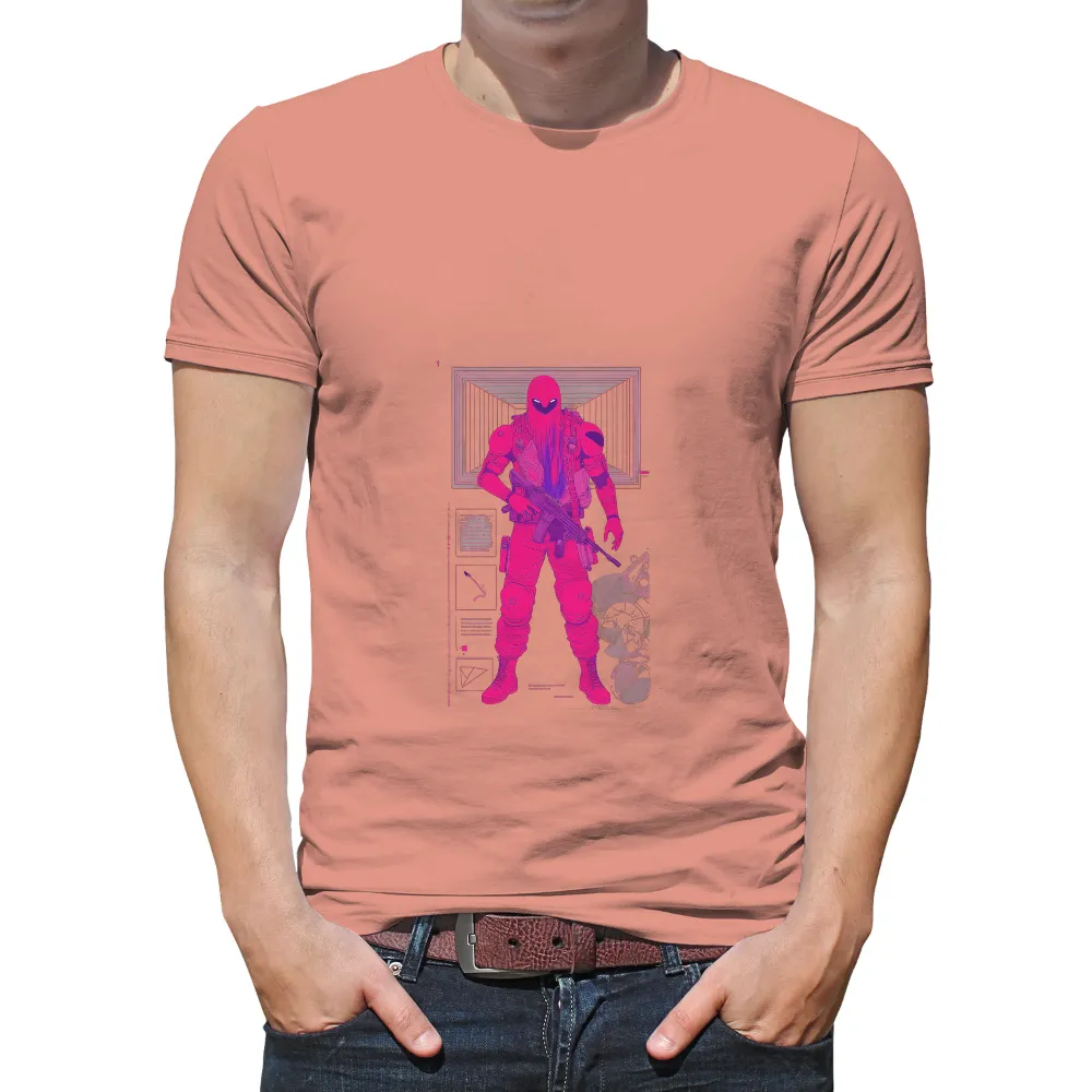 TShirt Design: Cyberpunk Warrior in Neon Glow| High-tech weapon in hand