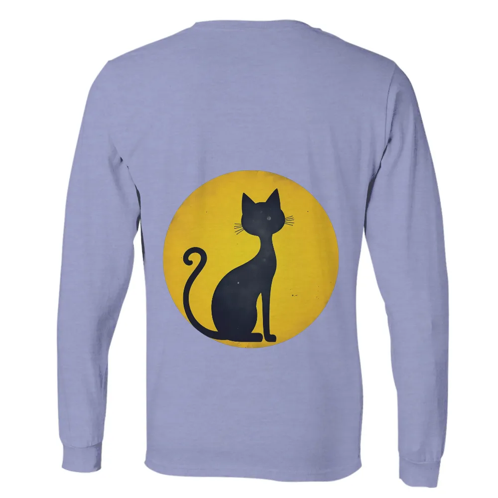 Custom Tee Shirts: Black Cat Silhouette on Yellow - Vintage & Retro Style| elegant curling tail