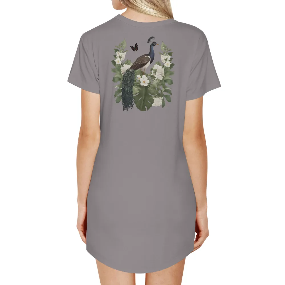 T-Shirt Printing: Majestic Peacock Amidst White Flowers and Green Leaves|butterfly glowing t shirt