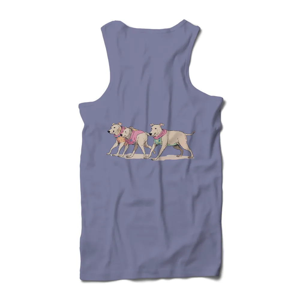 T-Shirts Pattern: Dogs in Colorful Bandanas - Celebrating Companionship|Three dogs in dynamic poses