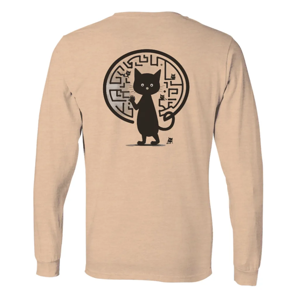 Custom Tee Shirts: Black Cat Maze Adventure| Wide-eyed black cat