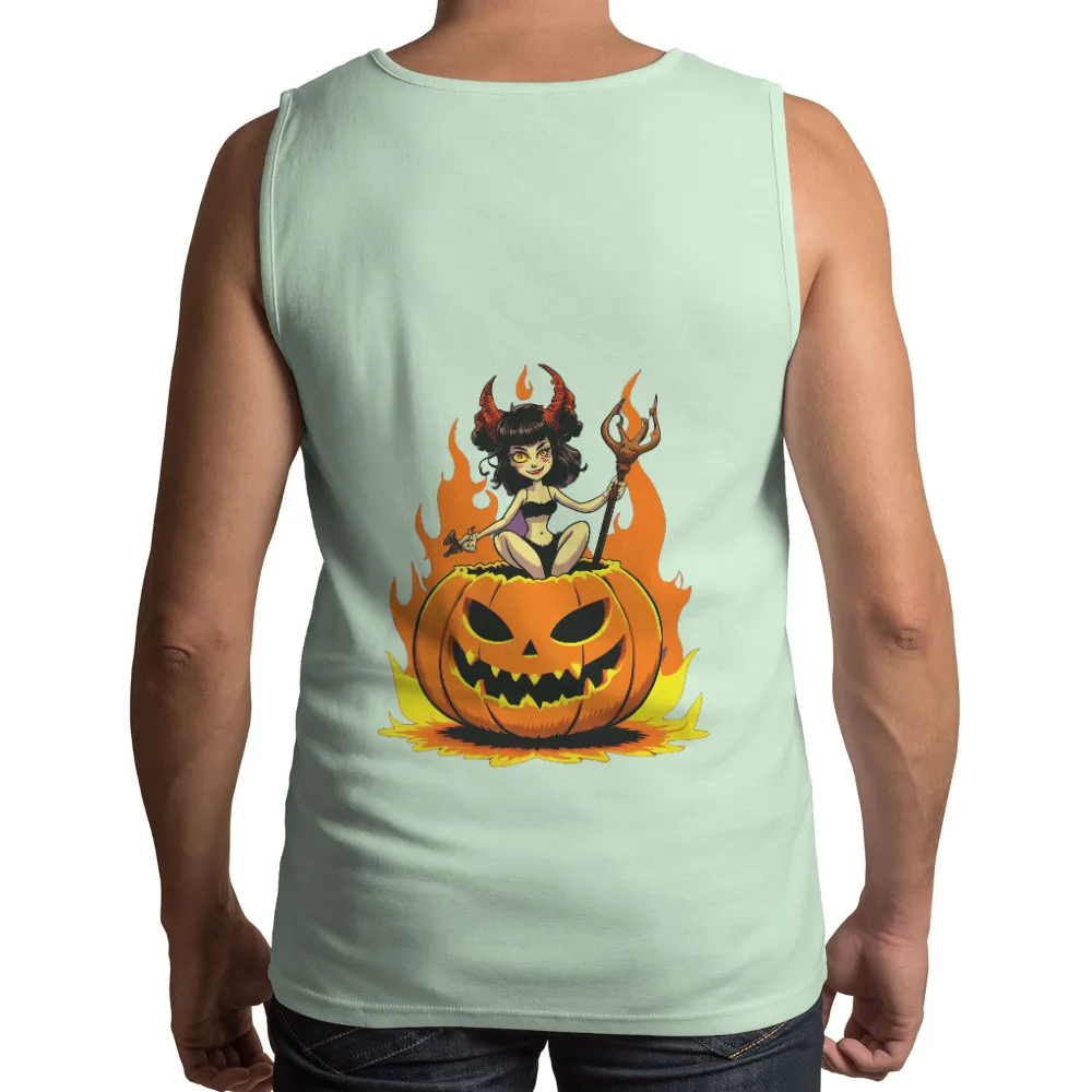 Custom T-Shirt Printing: Halloween Devil Girl with Jack-O-Lantern|Fiery flames surrounding the devil girl