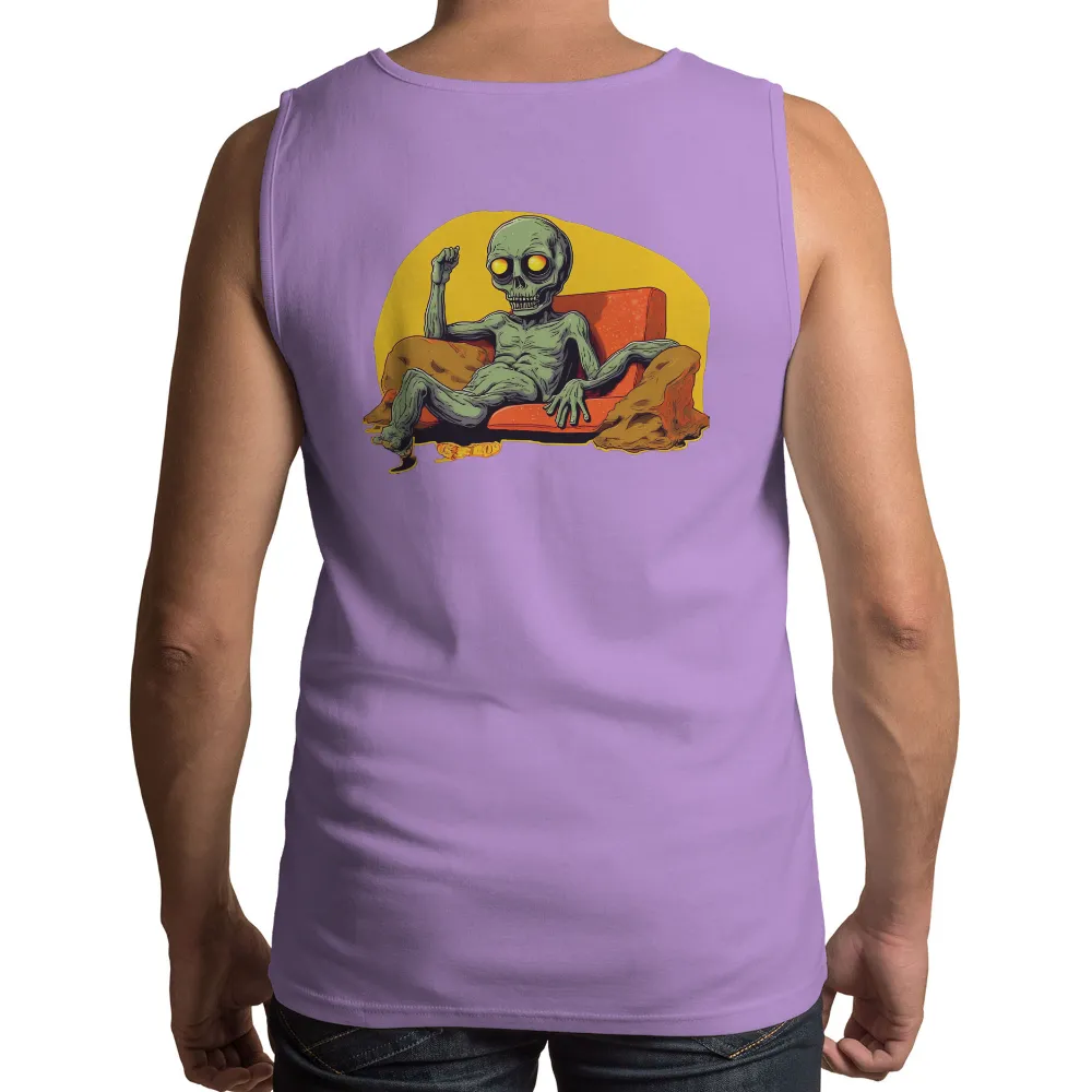 T-Shirts Pattern: Skeleton on Orange Couch with Yellow Glow|skeleton shirts dbd