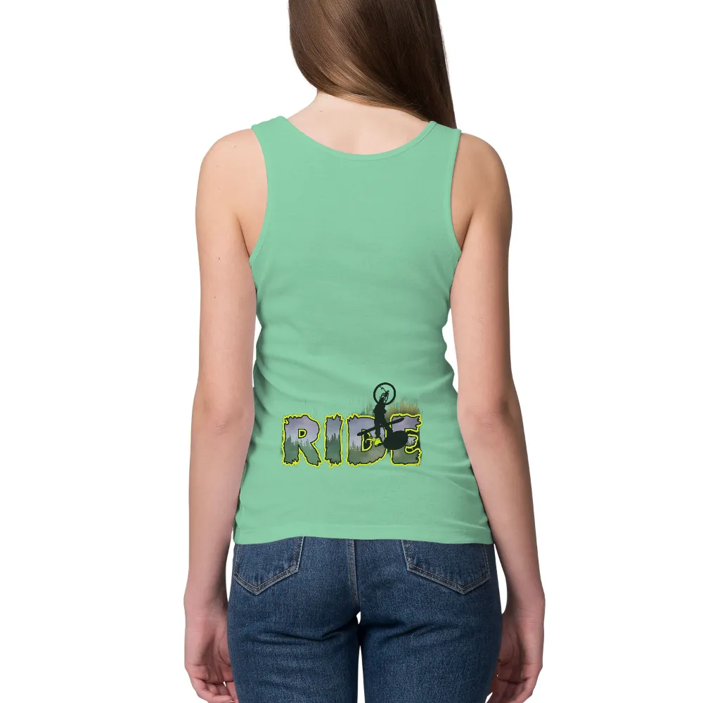 Customized Tee Shirts: Embrace the Spirit of Adventure with Mountain Biking Designs| vibrant landscape in the letters