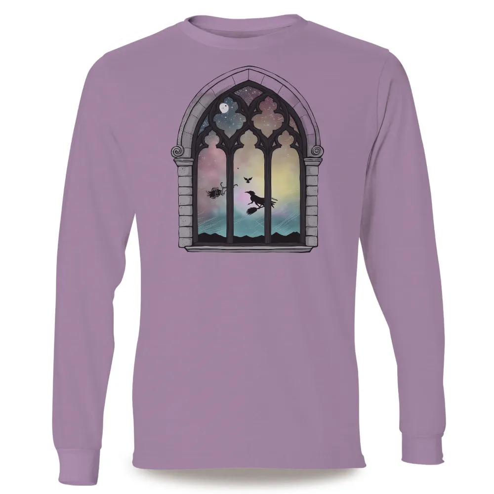 Custom T-Shirt Printing: Enchanted Gothic Window with Witch and Celestial Sky|Gothic window frame