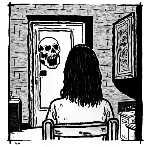 T-Shirts Design: Confronting Fear with a Skull in the Dark Room