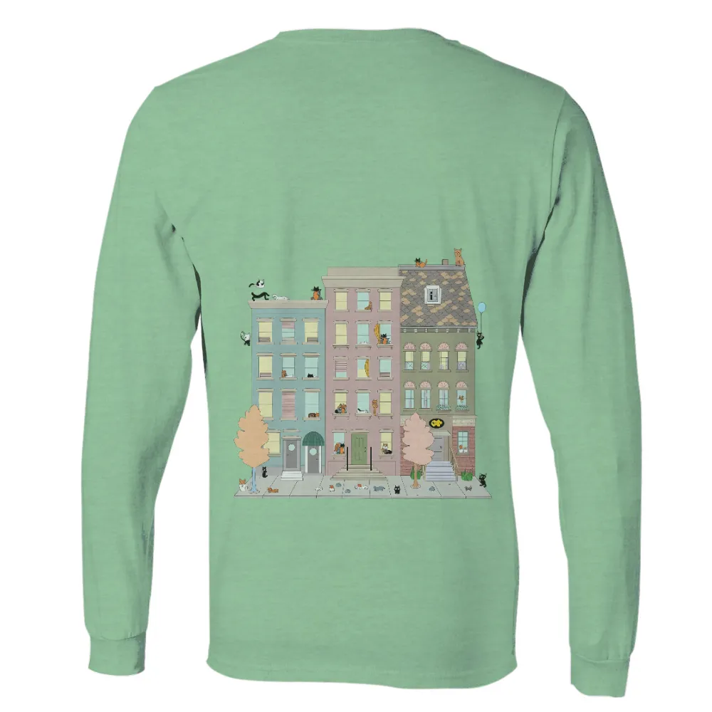 TShirt Printing: Whimsical Cats in Pastel Buildings| Colorful buildings with cats