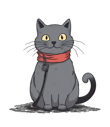 Charming Gray Cat with Yellow Eyes and Red Scarf Design