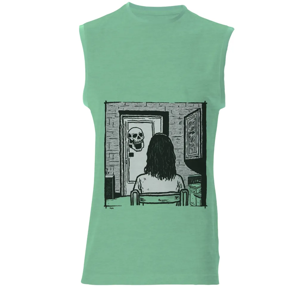 T-Shirts Design: Confronting Fear with a Skull in the Dark Room|figure with long hair