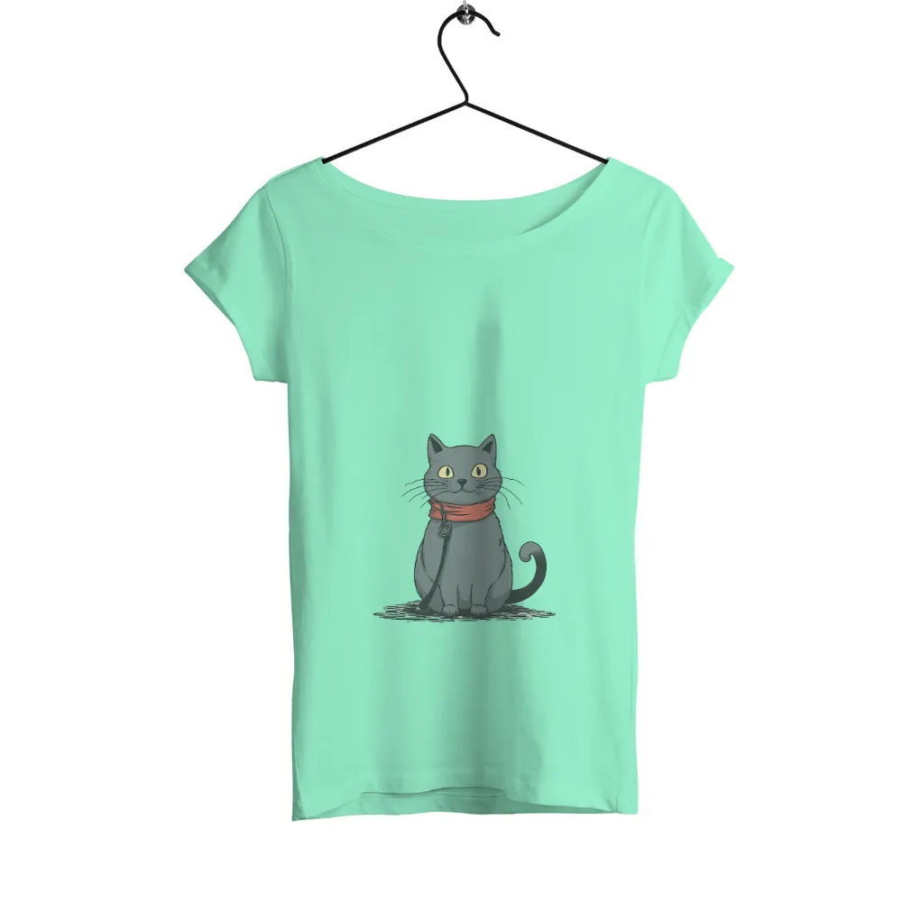 Charming Gray Cat with Yellow Eyes and Red Scarf Design|baki vintage tee