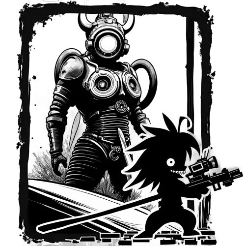 Retro Futuristic T-Shirt Design: Armored Diver and Mischievous Creature