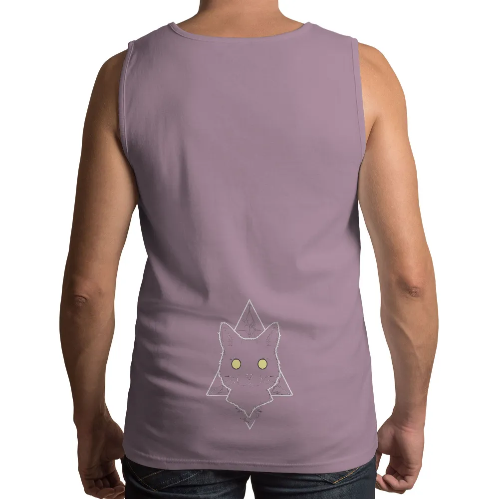 Shirts Graphic Tees: Black Cat Guardian with Glowing Eyes| Geometric shapes surrounding a black cat