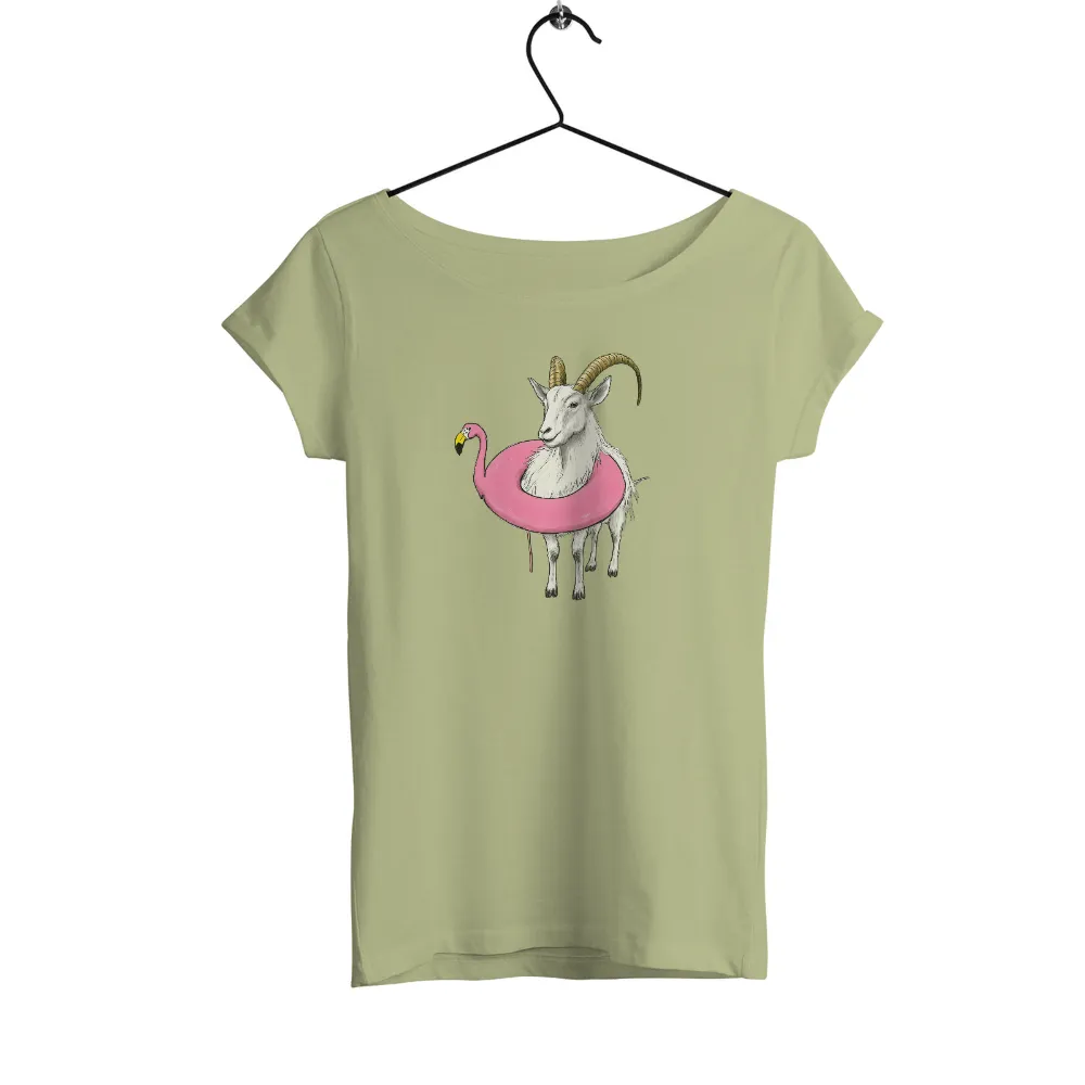 Tee Shirts Printed: Goat Summer Vacation Fun|Whimsical goat with flamingo float