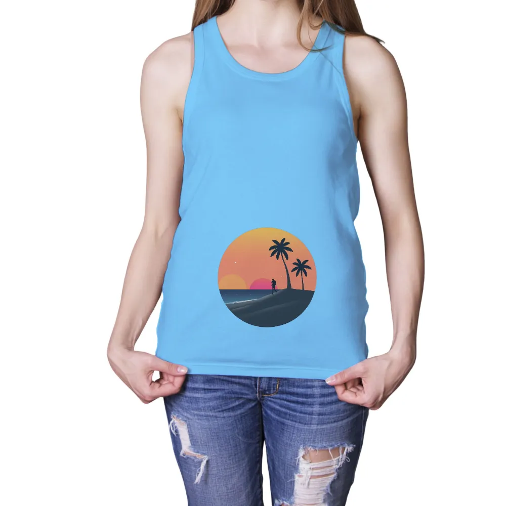 Tee Shirt Printing: Serene Beach Stroll - Minimalist Sunset Design|corona beach shirt