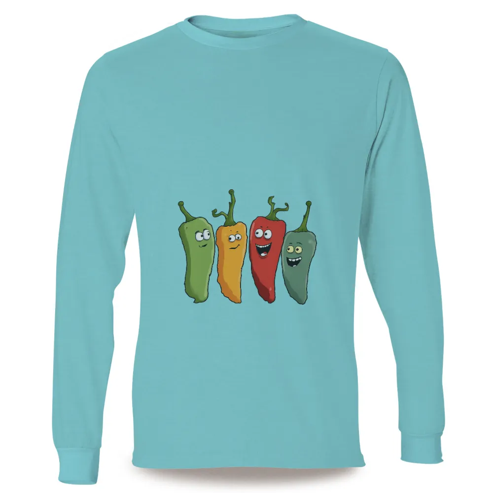 Custom T-Shirt Printing: Vibrant Peppers Expressing Life's Emotions| Vibrant colors on black background