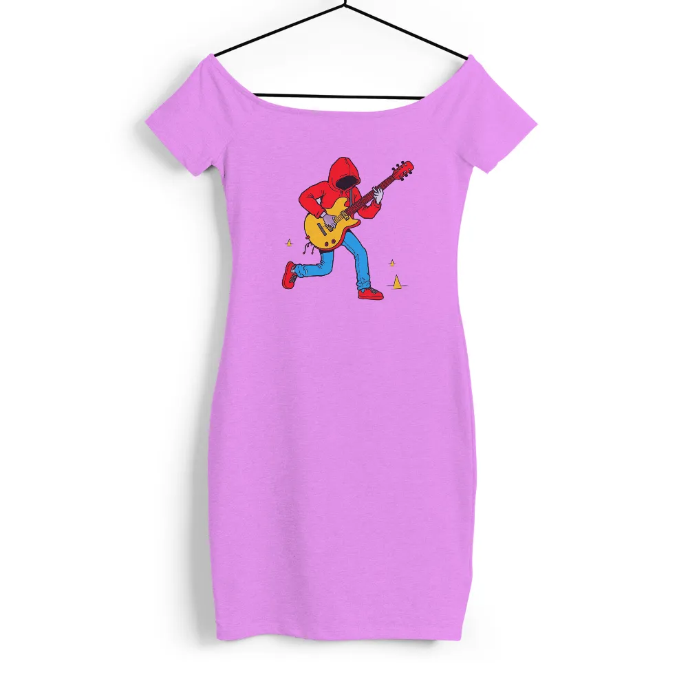 Tee Shirts Printed: Vibrant Musician with Electric Guitar|black shirt and blue jeans