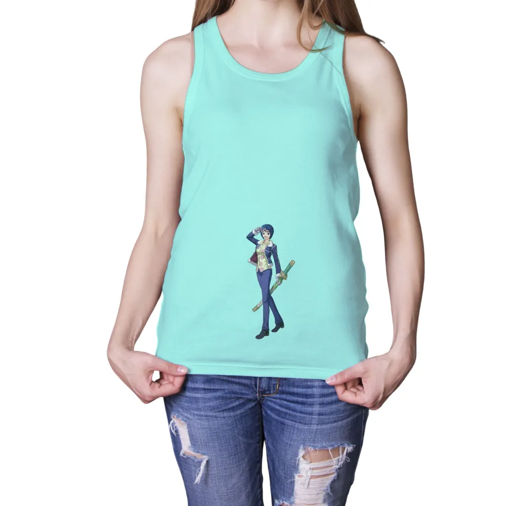 T-Shirts Design: Anime Character with Katana - Vibrant Colors and Confident Stance|cartoon character with blue shirt