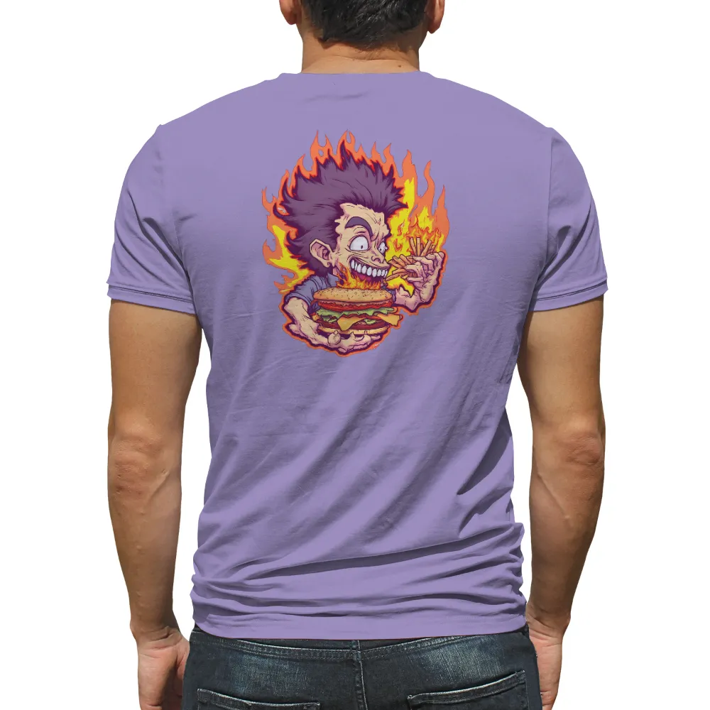 Customized Tee Shirts: Reckless Fun with Flames and Burger| Wide-eyed character grinning