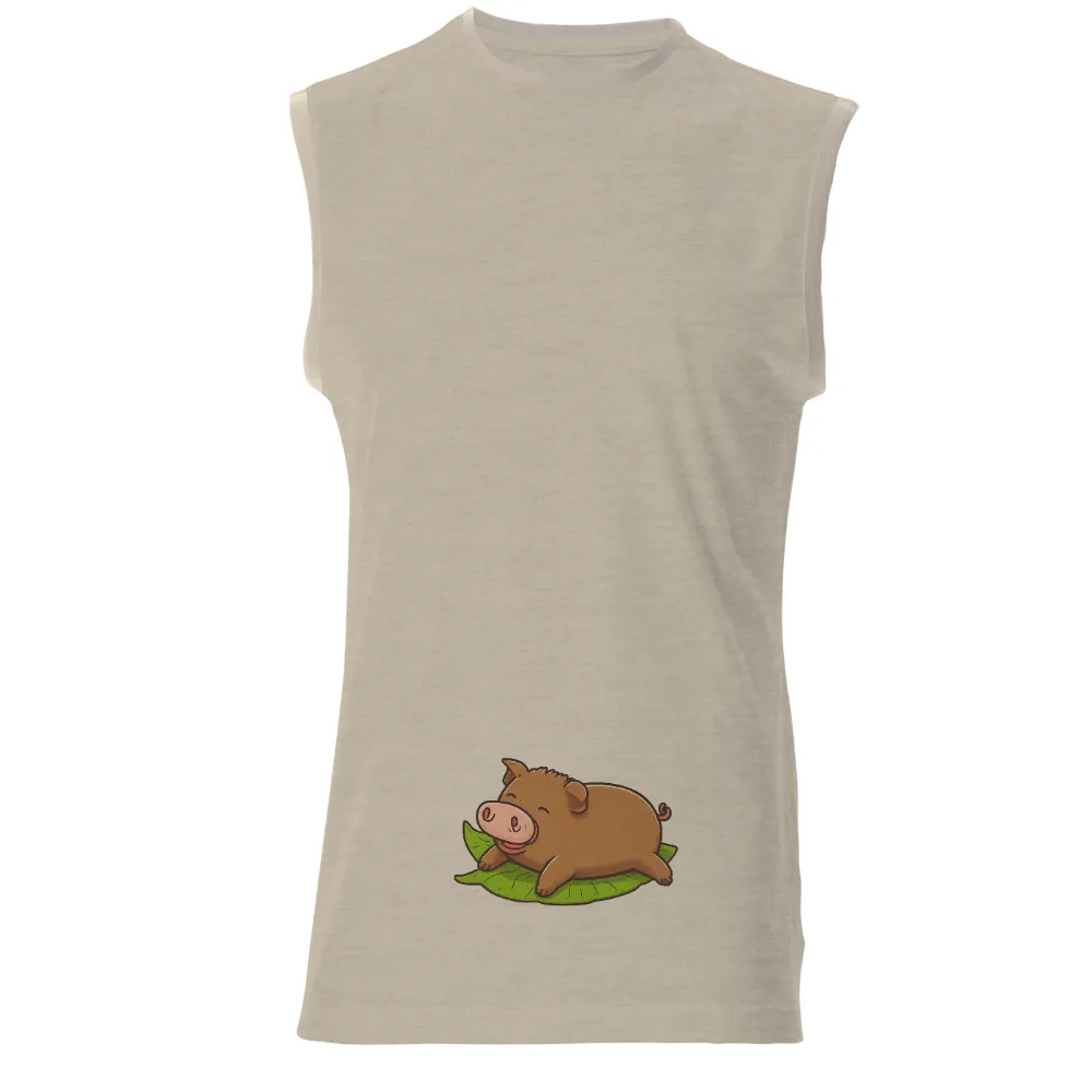 T-Shirts Design: Percy the Happy Pig Resting on a Leaf| contented pig on a leaf