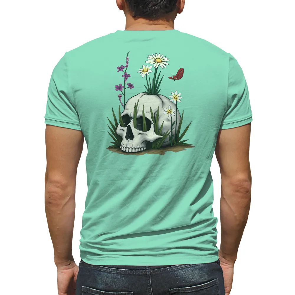 Tee Shirt Printing: Skull and Flowers - Nature's Dualities| Red butterfly flying over a skull