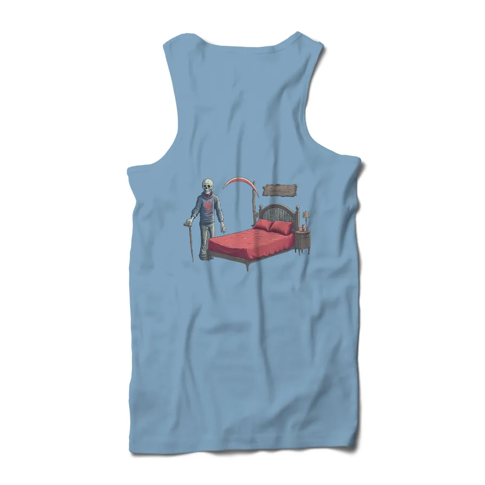 T-Shirts Custom: Eerie Skeleton in Red Bed | Artistic Design| Nightstand with soda can