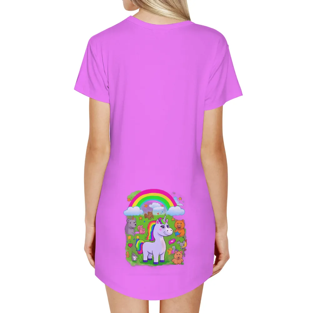 Custom Tee Shirts: Luna the Unicorn - A Celebration of Joy and Wonder|Luna the Unicorn under a rainbow