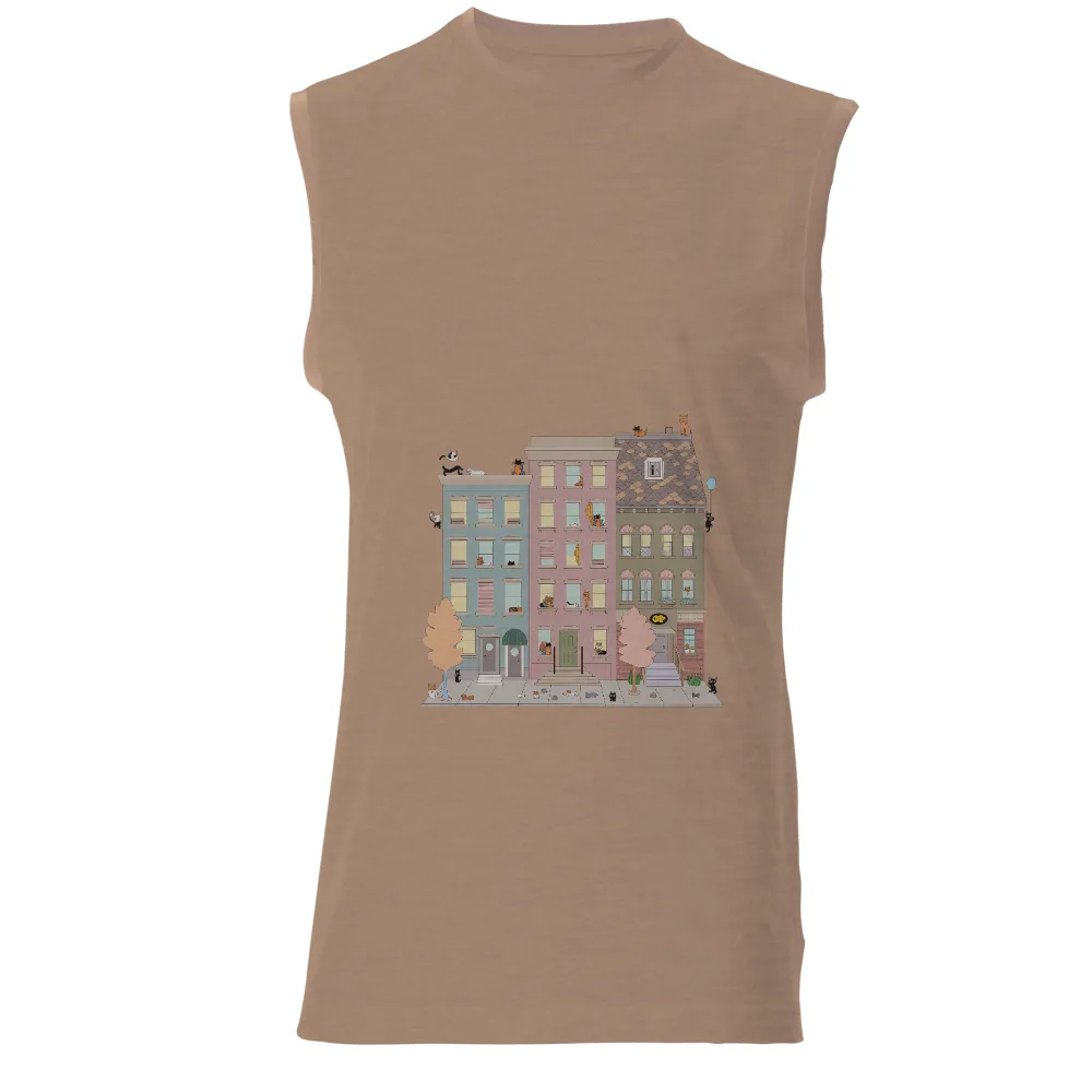 TShirt Printing: Whimsical Cats in Pastel Buildings| Cats playing on rooftops