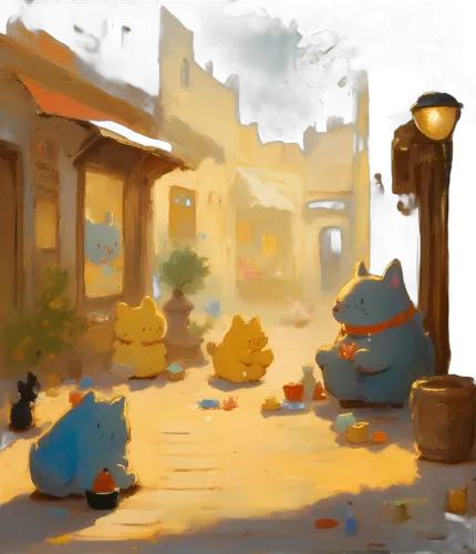 Vintage Cats in Dusk Street Graphic: Heartwarming Friendship and Nostalgia