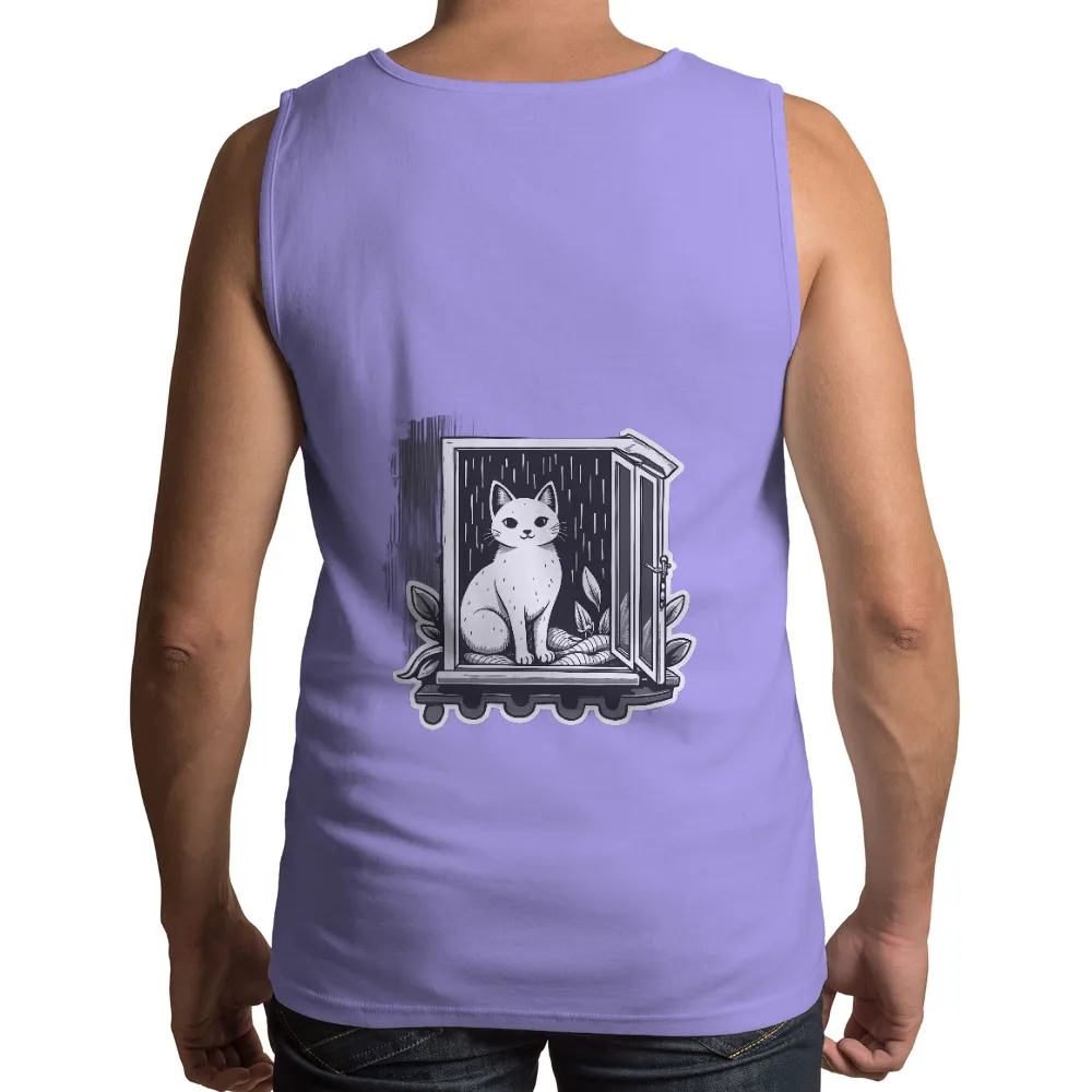 Custom Tee Shirts: White Cat on Windowsill - Serenity in Rain|hot topic black and white plaid studded skull