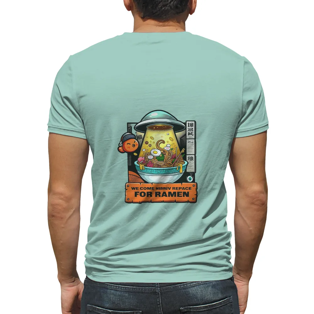 T-Shirts Pattern: We Come for Ramen - Sci-Fi Food Fusion| UFO lifting ramen bowl