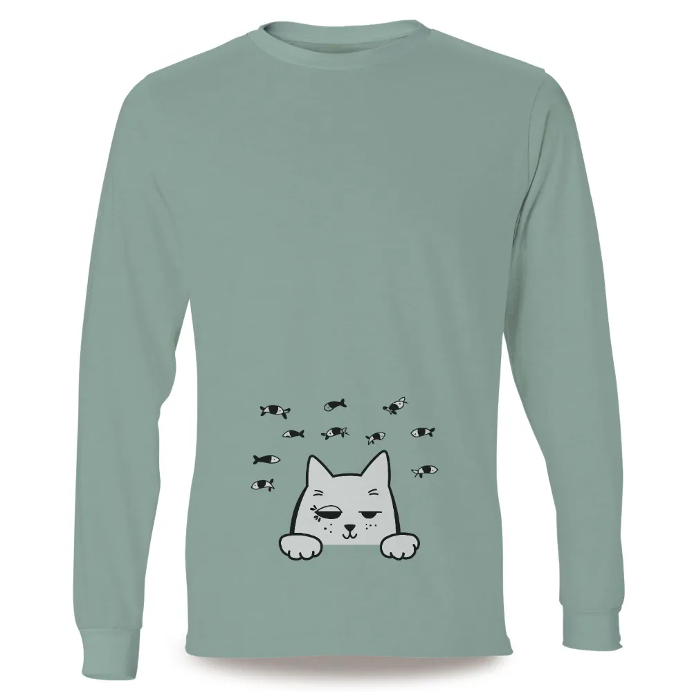 Graphic Tees: Playful White Cat with Fish - Whimsical Design|cartoon cat t shirt roblox