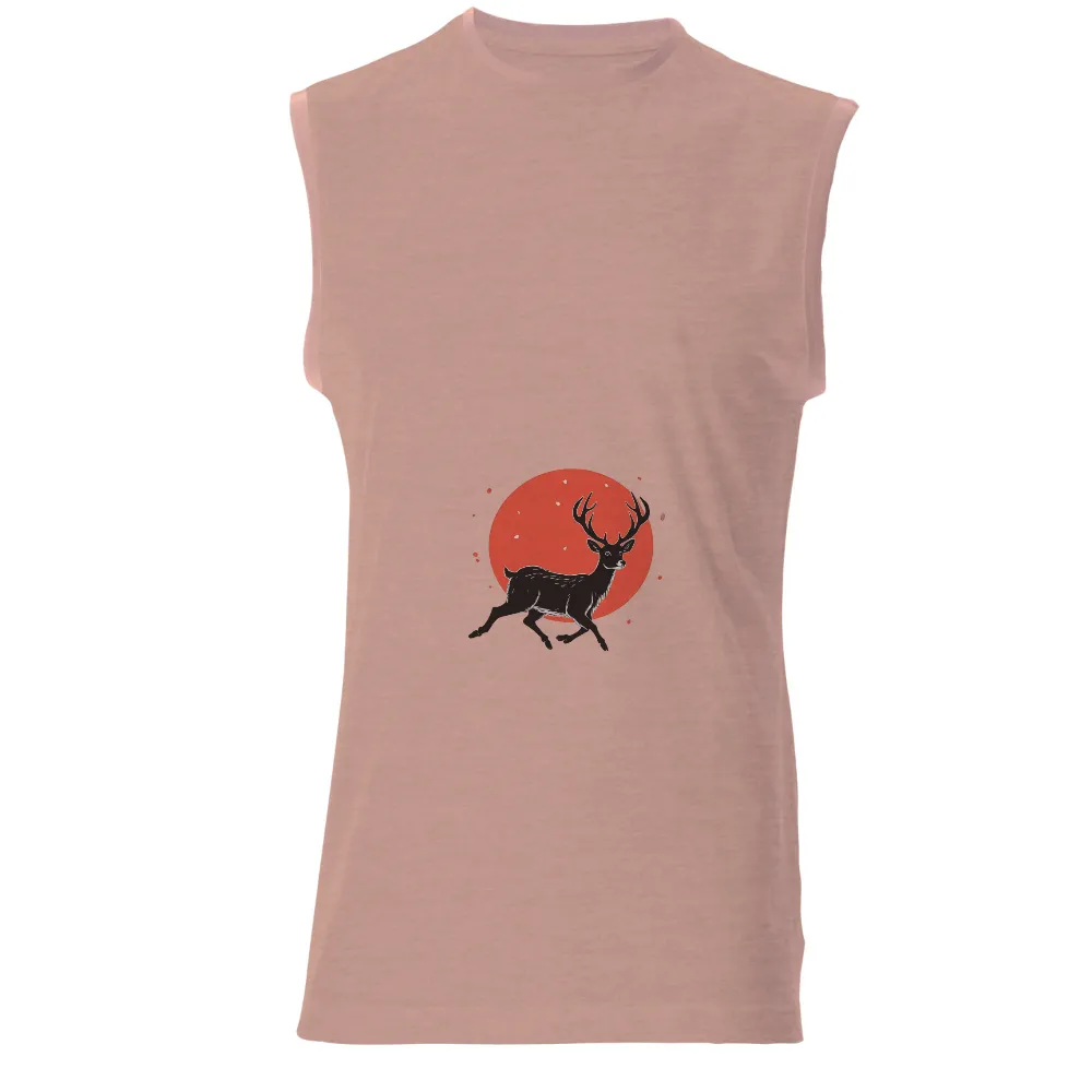 Tee Shirts Printed: Majestic Deer Silhouette Against Red Sunset|t shirt painting on nature