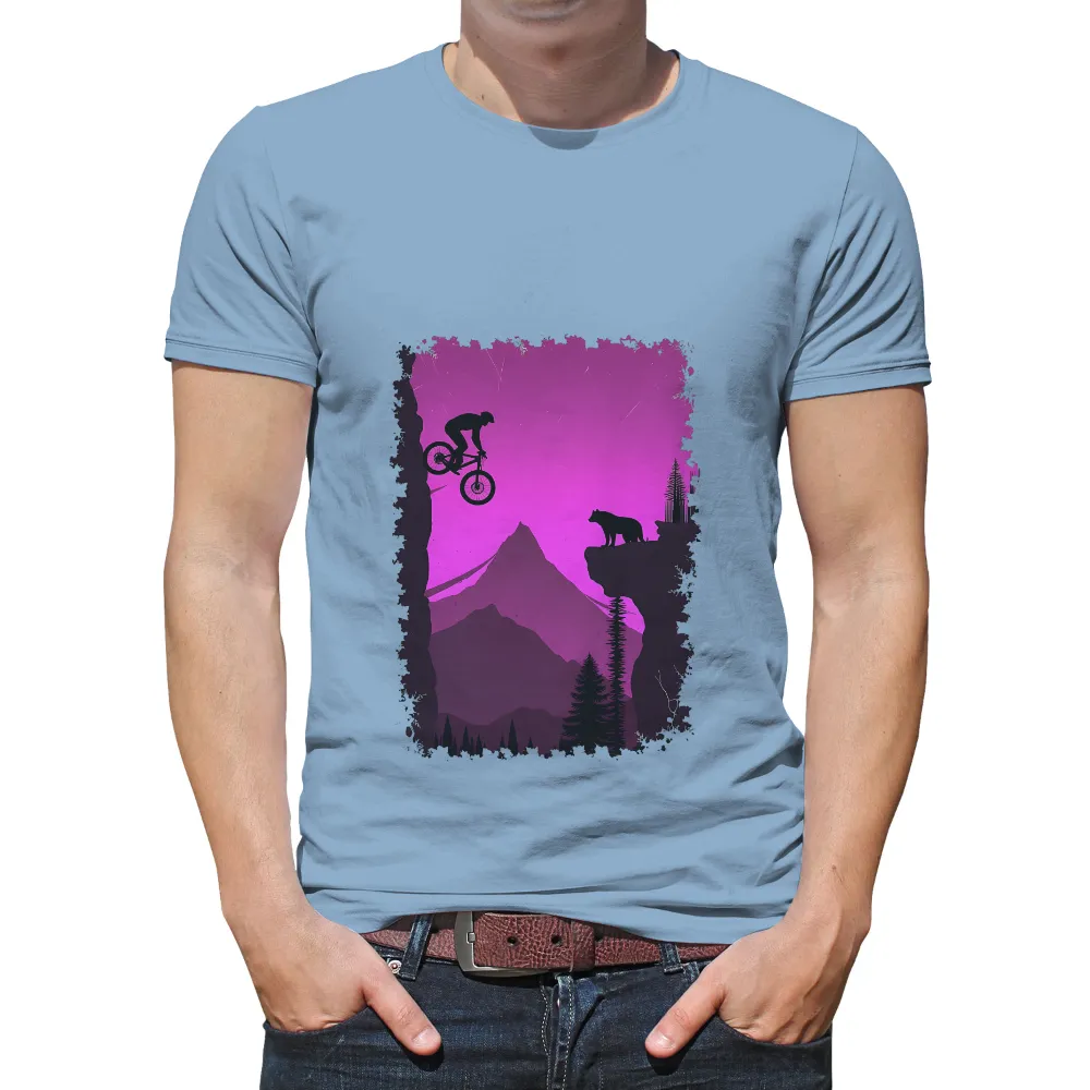 T-Shirts Design: Mountain Biking Adventure with Bear| Vibrant pink sky