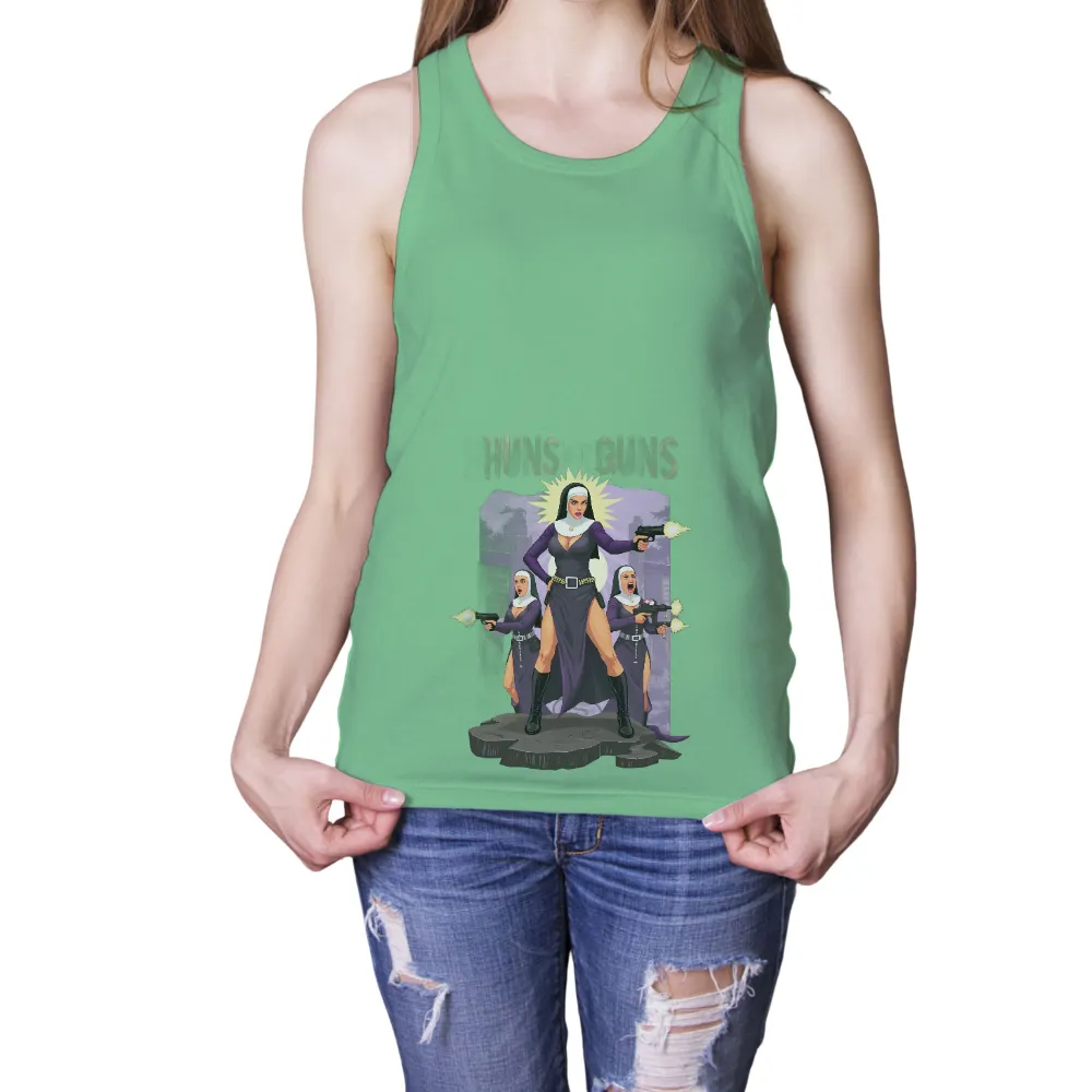 TShirt Design: Huns with Guns - Fierce Nuns Ready for Battle| Bright yellow explosion