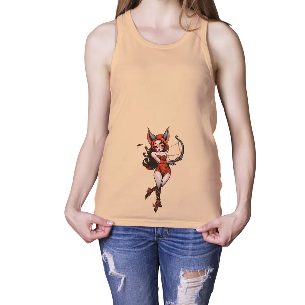 T-Shirts Design: Archery Fantasy - Red & Black Power|Female archer with red hair and horns