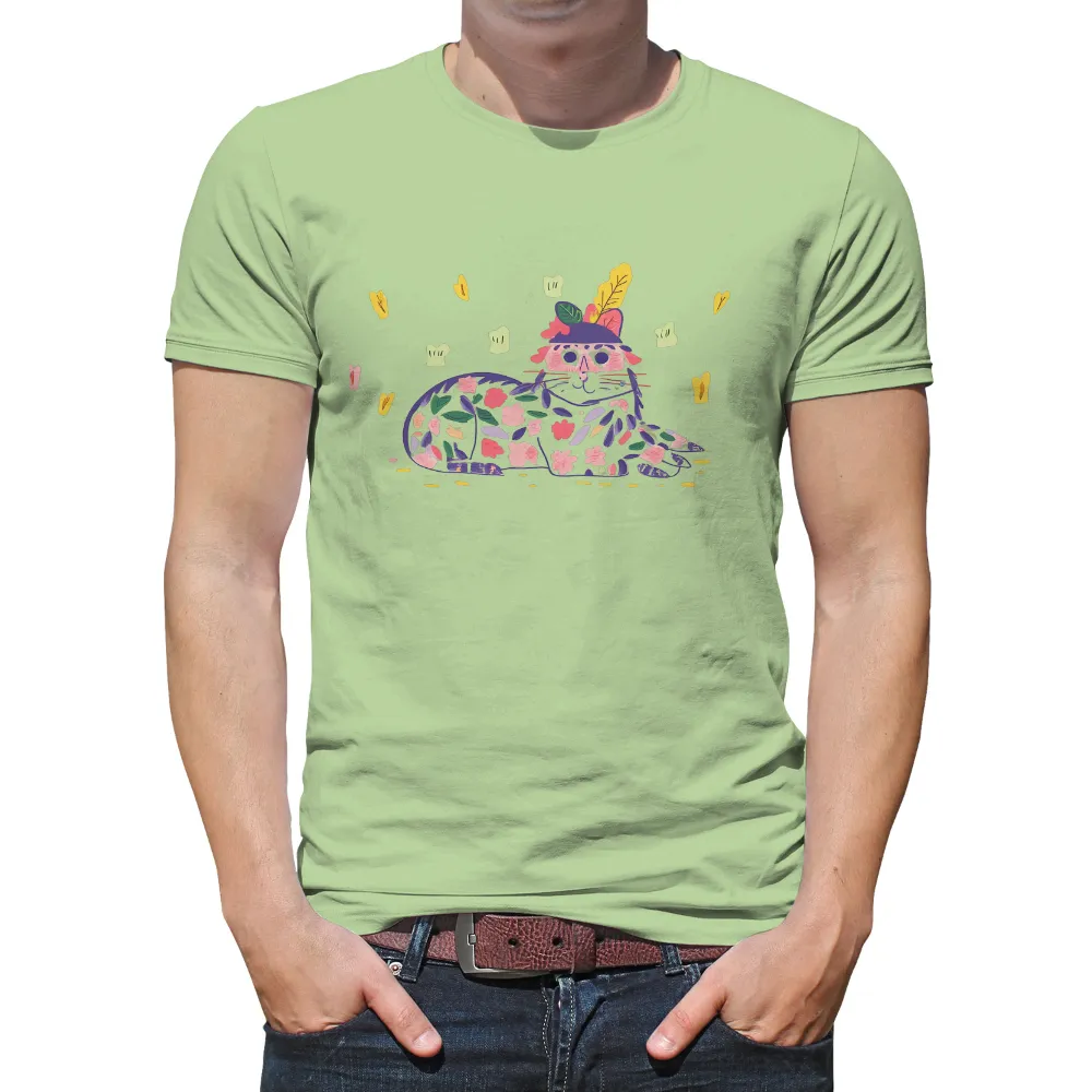 Whimsical Cat Guardian: T-Shirts Design Featuring Luna in the Magical Garden