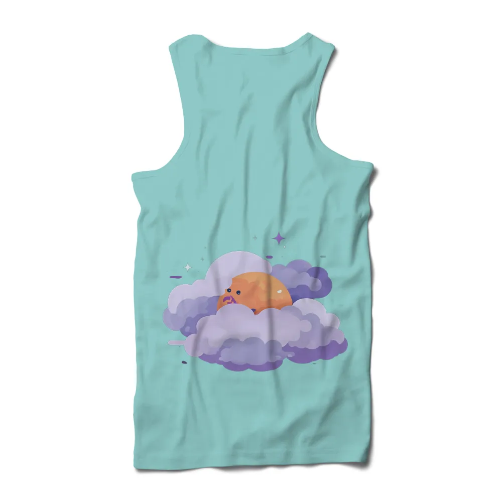 Whimsical Fantasy T-Shirt Printing | Enchanting Orange Character in Purple Clouds|Round orange character