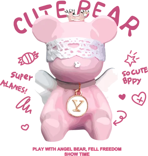 Tee Shirt Printing: Super Cute Pink Teddy Bear with Lace Collar and Golden Pendant