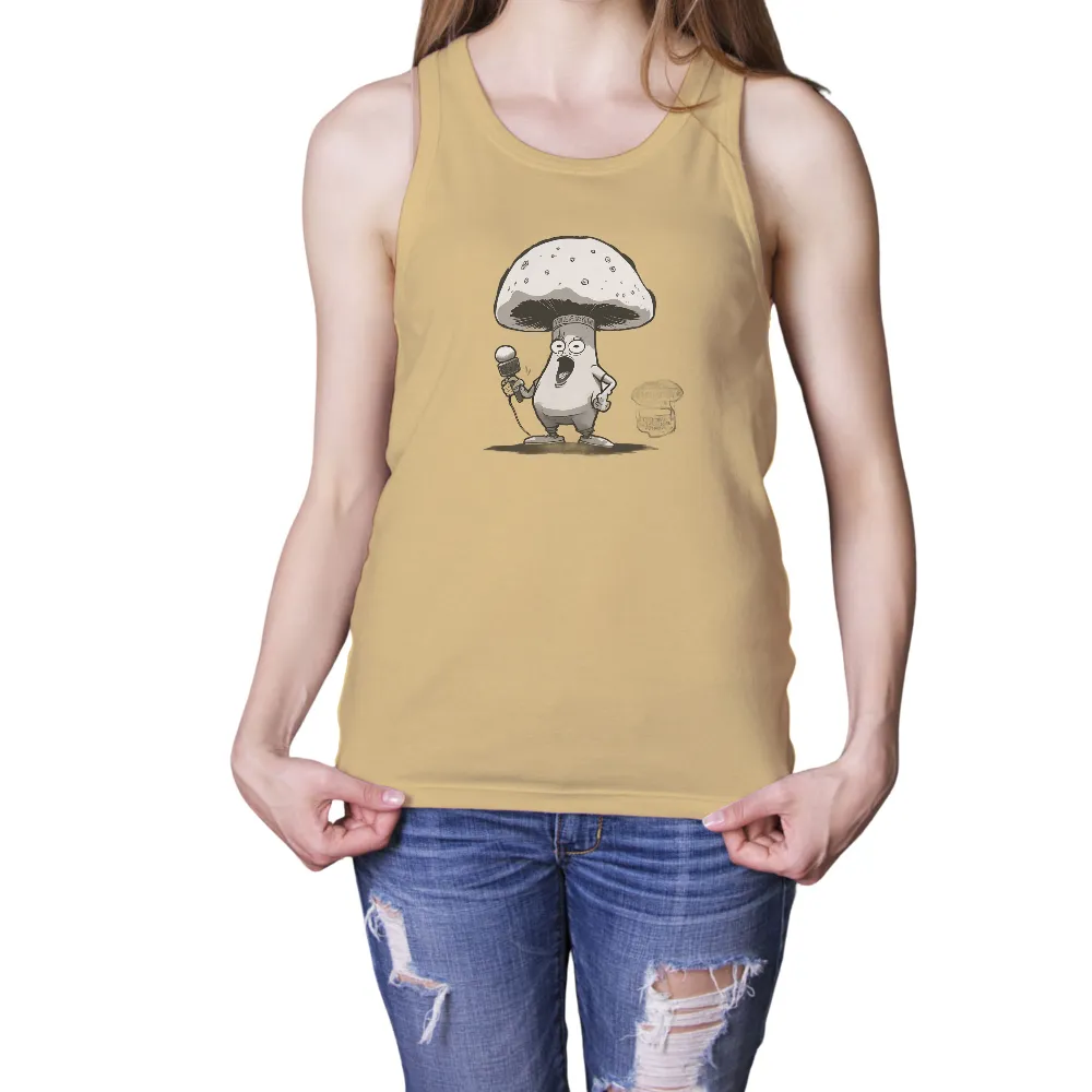 T-Shirts Design: Mushy the Comedian - Funny Mushroom with Microphone|mushroom and butterfly print short sleeve tee