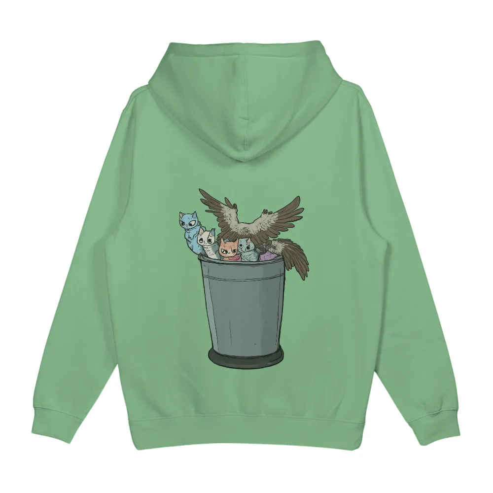 TShirt Printing: Whimsical Friendship | Owl & Kittens in a Trash Can| protective owl