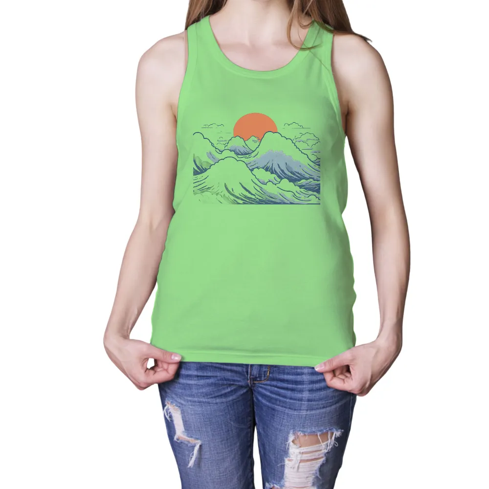 Tee Shirt Printing: The Great Wave Off Kanagawa - Ocean Waves & Sunset Design|large glowing orange sun