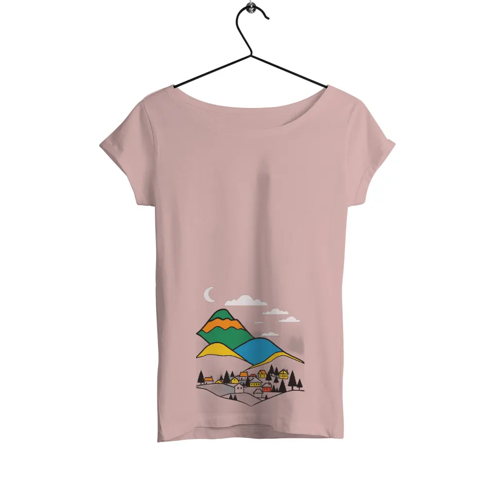 Mountain Village Night Scene T-Shirt Printing | Artistic Designs| Whimsical Mountain Village