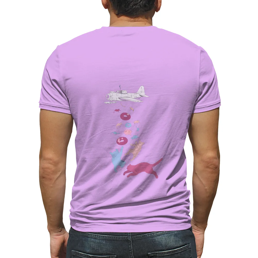 T-Shirts Design: Vintage Airplane and Colorful Cats - Whimsical and Playful| black background