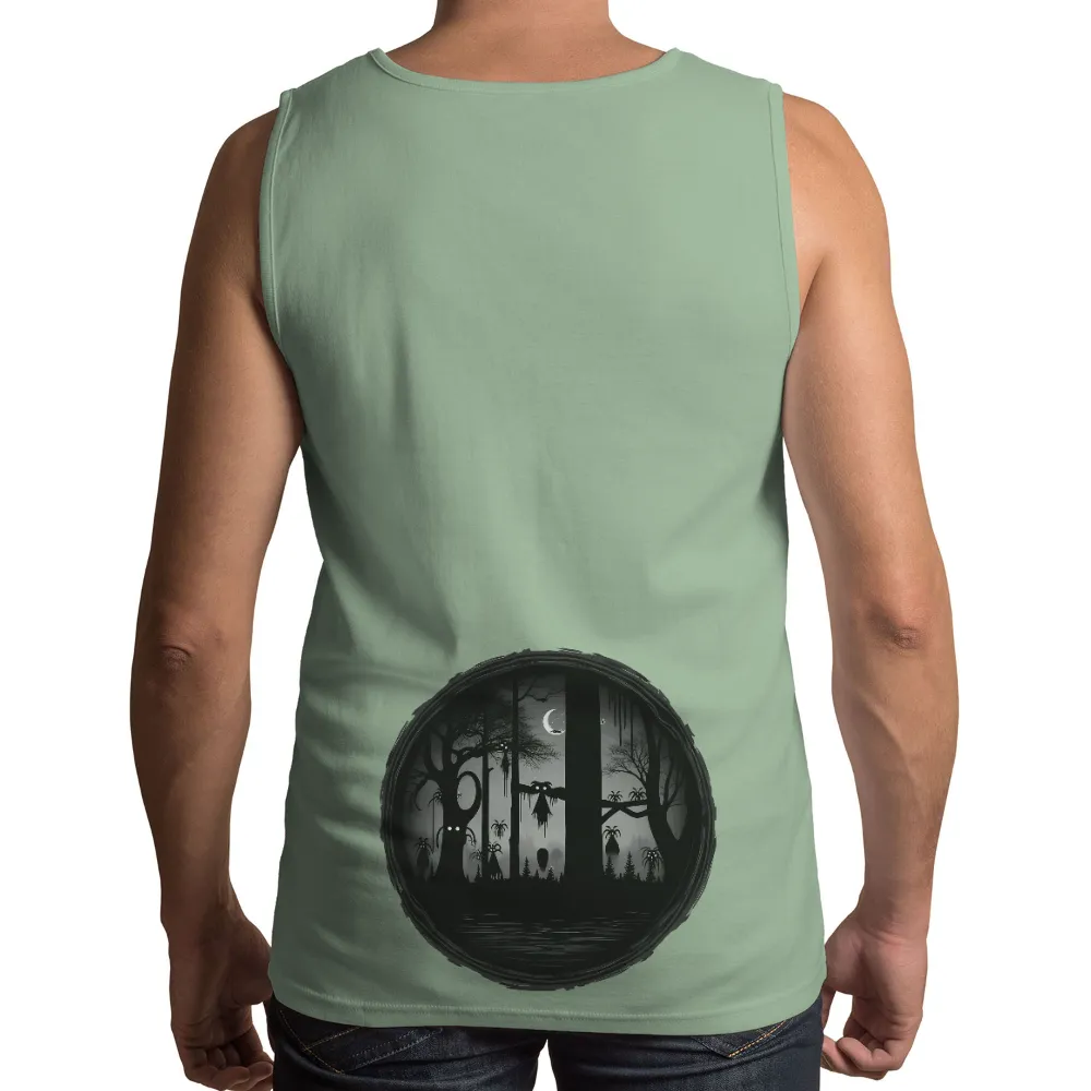 T-Shirts Custom: Haunted Forest Night Scene with Ghostly Figure| Serene lake reflecting the moon