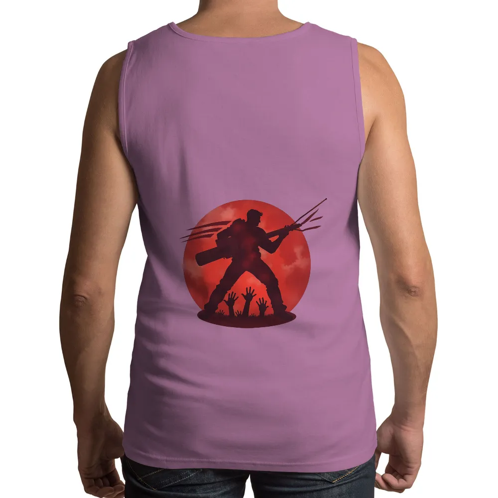 Custom Tee Shirts: Defiant Survivalist Against Red Moon| Dramatic action scene