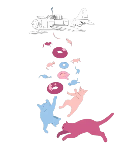 T-Shirts Design: Vintage Airplane and Colorful Cats - Whimsical and Playful