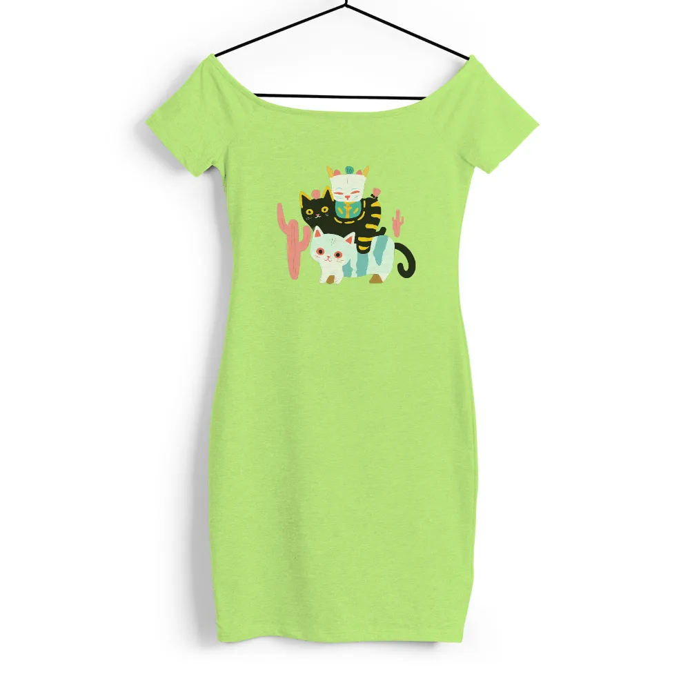 Shirts Graphic Tees: Feline Friends in a Surreal Realm| pink cacti